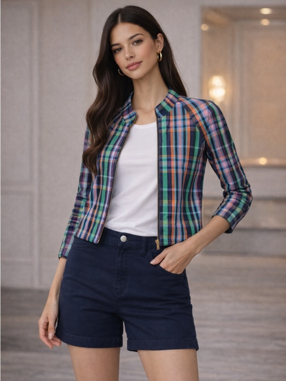 Anne Klein Plaid Zip Up‎ Lightweight Golf Tennis Jacket Womens Small Multicolor